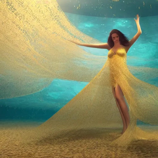 Prompt: a beautiful woman with long hair dancing underwater wearing a very long flowing dress made of many translucent layers of gold and blue lace seaweed, caustics lighting from above shines on the sandy bottom, bubbles flicker with large translucent swirling shapes in the background, octane render, cinematic, hyperdetailed