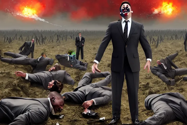 Image similar to one Comedian in suit and tie performing in a battle-field with dead bodies on the ground, comedian is funny, performing to dead soldiers, nuclear bomb in far horizon, apocalypse, trending on artstation, artstationHD, hyperdetailed matte painting, highly detailed, digital painting, hyper-realistic, realistic, photo-realistic