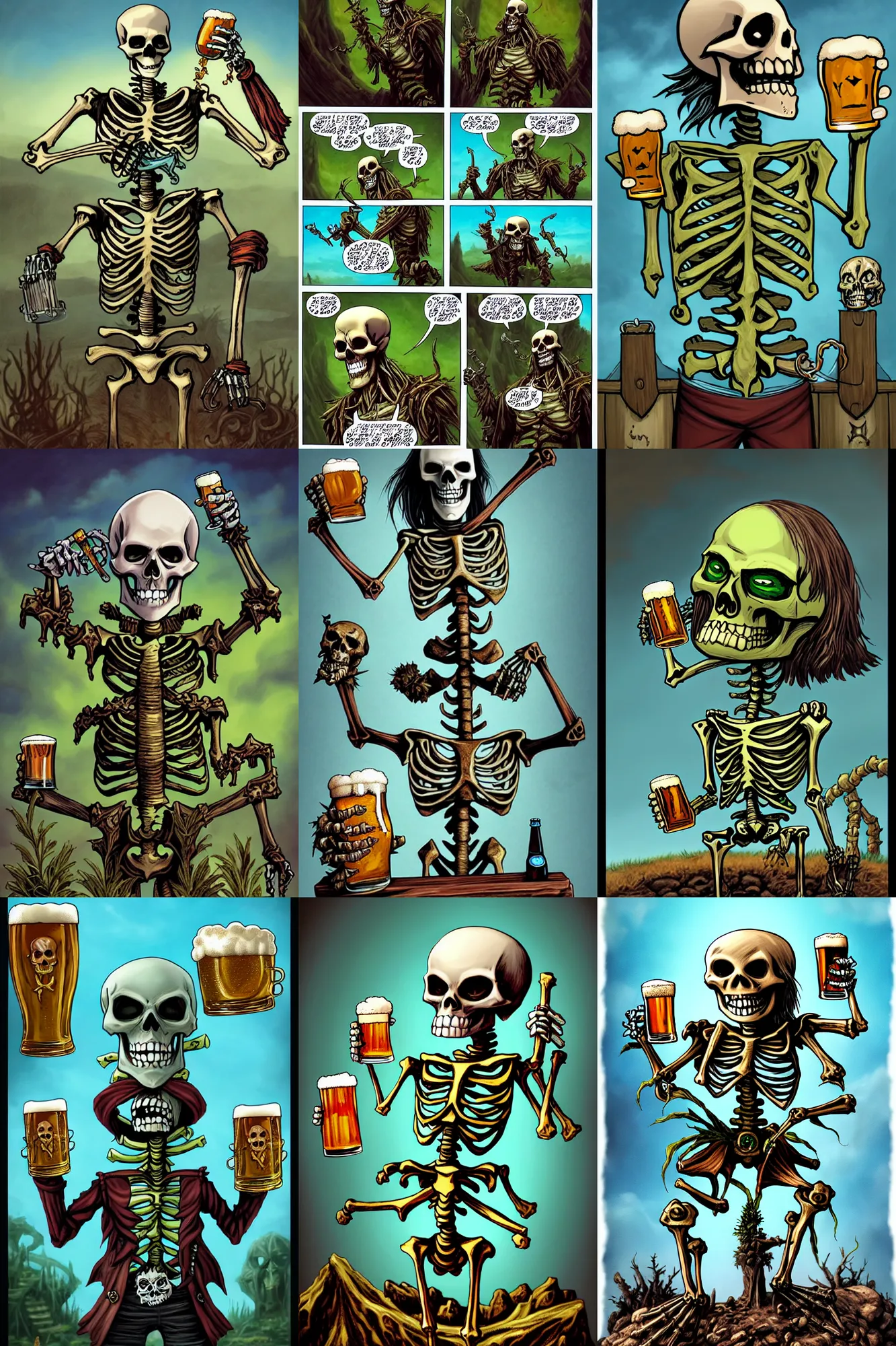 Prompt: An epic fantasy comic book style portrait painting of skeleton, very happy, skeleton pirate drinking beer with its treasure on a calm island with plants , treasure, light blue piercing eyes, royally decorated, evil, smirk, square face, brown medium hair, wearing rugged shirt and green shorts, holding full glass of handcrafted beer, awesome pose, character design by Mark Ryden and Pixar and Hayao Miyazaki, unreal 5, DAZ, hyperrealistic, octane render, cosplay, RPG portrait, dynamic lighting, intricate detail, summer vibrancy, cinematic