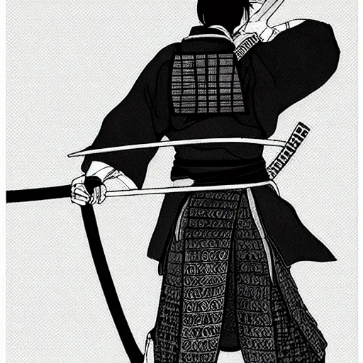 Image similar to A FULL BODY PORTRAIT FROM BEHIND OF A SAMURAI THAT HOLDS 2 KATANAS FROM VAGABOND, ,detailed, concept art, ink style , sketch black and white colors