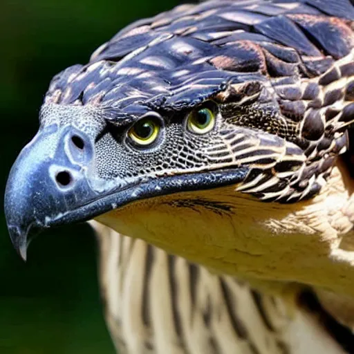 Image similar to hawk and crocodile morphed together, half crocodile, half hawk, real picture taken in zoo, realistic hawk proportions, head of crocodile is seamlessly merged with hawk head, toothy beak,