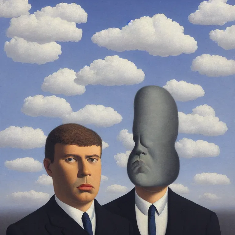 Image similar to portrait of a faceless shadow - head man in a suit, clouds in the background, by rene magritte, detailed painting, distance, middle centered, hd, hq, high resolution, high detail, 4 k, 8 k