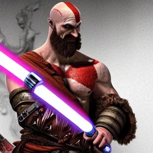 Image similar to kratos from god of war using a lightsaber