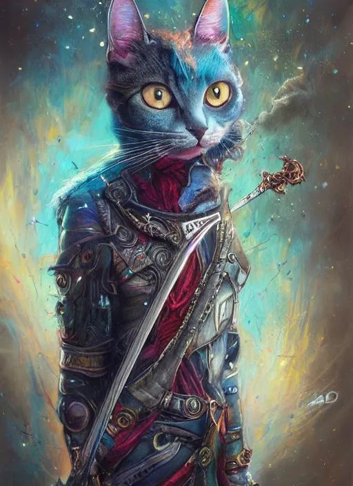 Image similar to a humanoid cat with a sword, Atmospheric beautiful by Stanley Artgerm, Tom Bagshaw, Arthur Adams, Carne Griffiths, trending on Deviant Art, street art, face enhance, chillwave, maximalist, full of color, glittering, 8k, hd