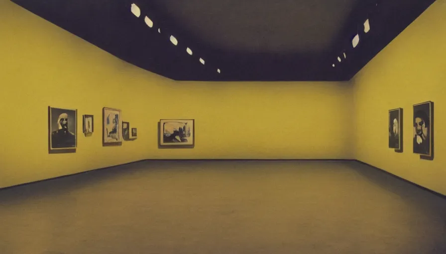 Prompt: 60s movie still of a sovietic stalinist style empty art museum with a soviet congress with yellow wall, super 8 film, liminal Space style, heavy grain