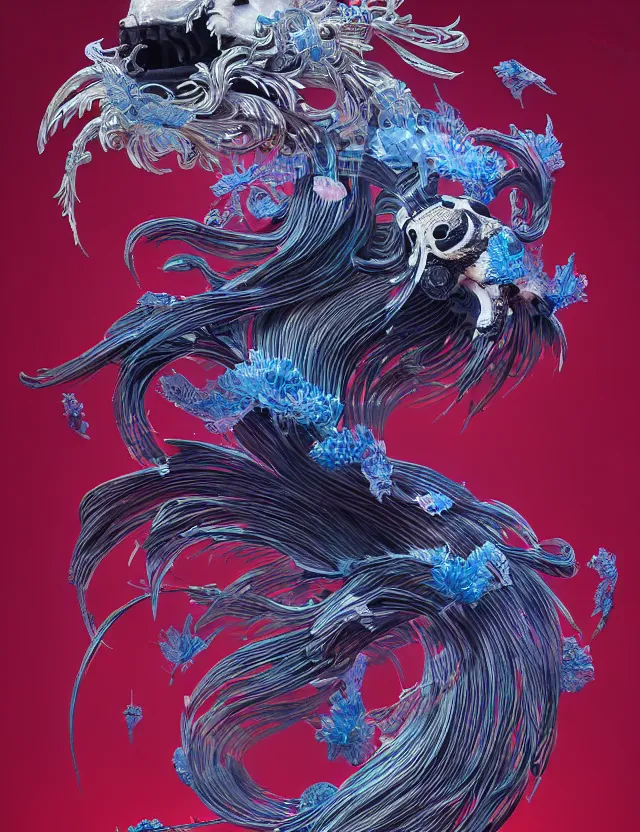 Image similar to 3 d abstract ornament. ram skull. beautiful intricately detailed japanese crow kitsune mask and clasical japanese kimono. betta fish, jellyfish phoenix, bio luminescent, plasma, ice, water, wind, creature, artwork by tooth wu and wlop and beeple and greg rutkowski