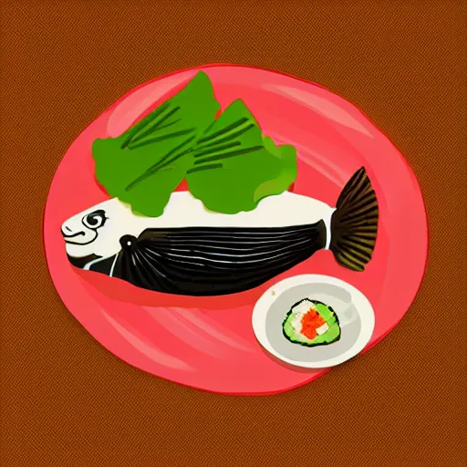 Prompt: mr. tuna eating sushi, vector art, minger, shin hanga, pixiv, reddit, booru, minimalistic, funny, colorful