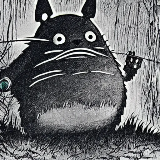 Image similar to trail cam footage of a terrifying totoro monster with fangs and glowing eyes about to attack the camera from the shadows, gothic, horror film, claws, sharp teeth, aggressive, violent, realistic,