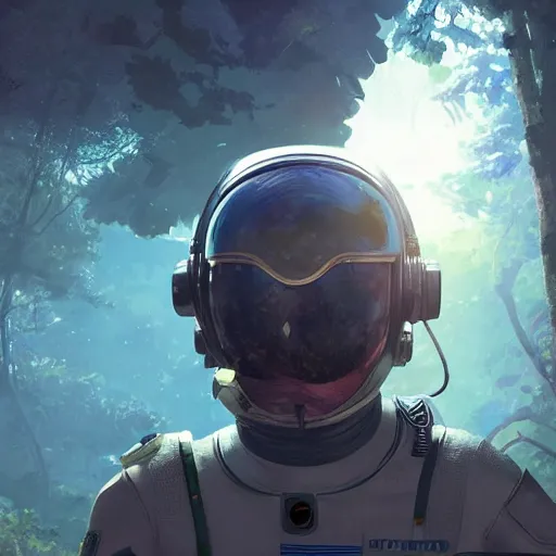 Image similar to view of a future cosmonaut with helmet having cybernetics and wirings exploring a jungle, trending on artstation, art by rossdraws and greg rutkowski, global illumination