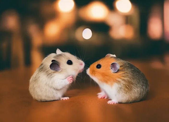 Image similar to photo of a hamsters on a date, kissing, at night, romantic, faded colors, candlelit restaurant table, cinematic color grading, various poses, soft light, centered, sharp focus, 8 k