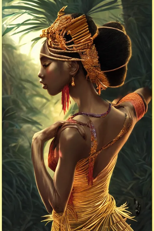 Image similar to stunningly beautiful, nubian geisha prima ballerina in jungle, symmetrical face, golden hour, smooth, focus, highly detailed, hyper realistic, dramatic lighting, elegant, intricate, concept art, art by wlop, mars ravelo, greg rutowski, artstation