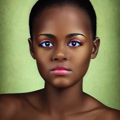 Image similar to portrait photograph of beautiful african girl with green eyes and curly black hair, very detailed