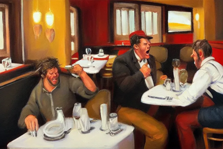 Image similar to a grumpy busser in a restaurant yells at the owner, art by dean macadam