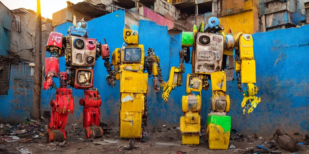 Image similar to colourful but damaged giant mecha ROBOT of AJEGUNLE SLUMS of Lagos, markings on robot, Golden Hour,