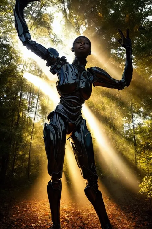 Image similar to hyperrealistic very beautiful black woman, highly detailed exoskeleton armor in a forest, sun behind her soft god rays, concept art eric zener elson peter, dramatic light low angle hd 8k sharp focus