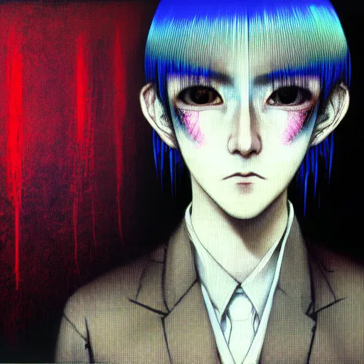 Image similar to yoshitaka amano blurred and dreamy three quarter angle portrait of a young woman with white hair and black eyes wearing dress suit with tie, playstation 2 horror game, junji ito abstract patterns in the background, satoshi kon anime, chungking express color palette, noisy film grain effect, highly detailed, renaissance oil painting, weird portrait angle, blurred lost edges