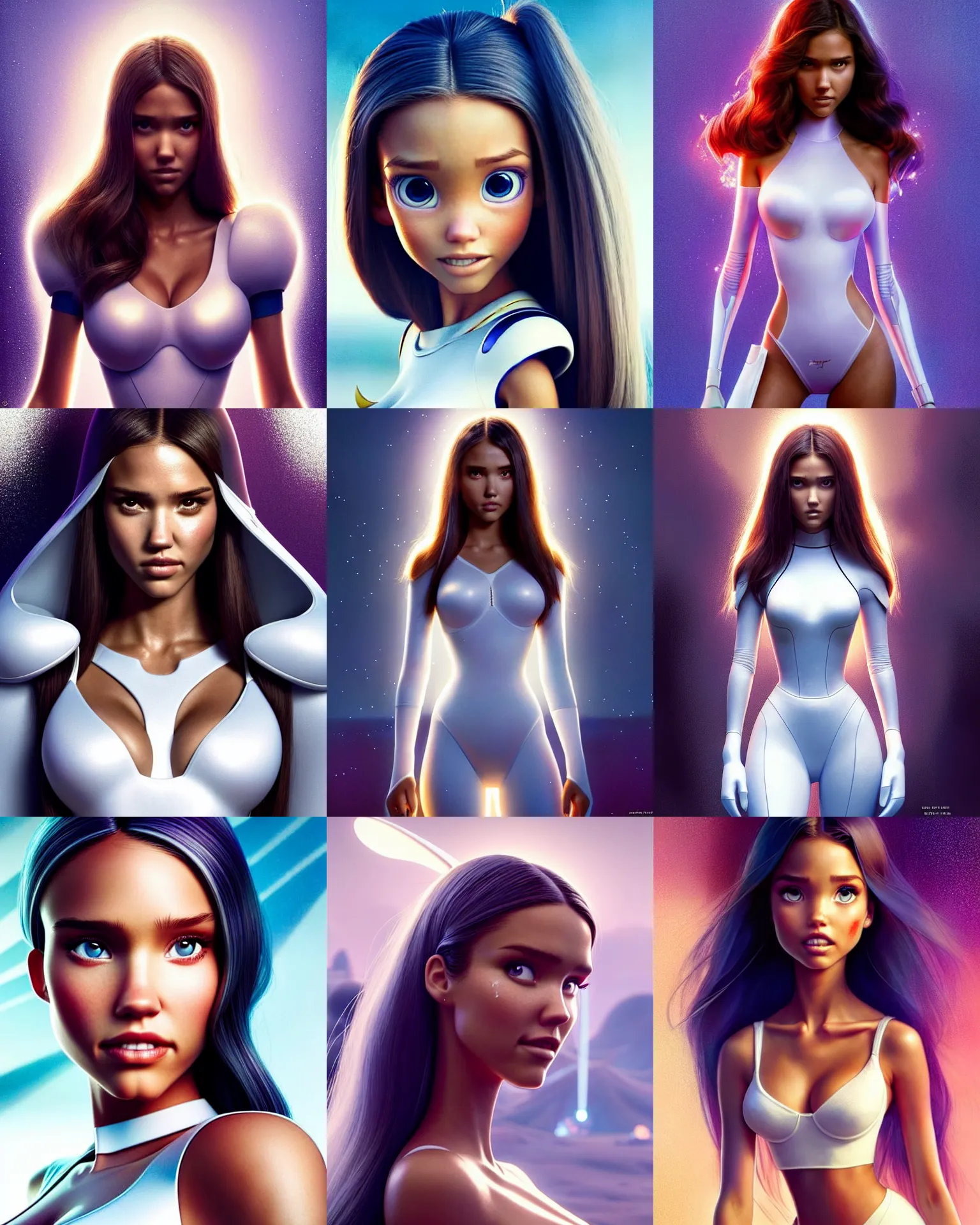 Prompt: striking disney pixar movie still portrait photo of [ jessica alba x madison beer x adriana lima ] : : as white cyborg by pixar : : by weta, greg rutkowski, wlop, ilya kuvshinov, rossdraws, artgerm, maxim cover, unreal engine, sweaty, glitter, racy, feline, morning, anime, : :