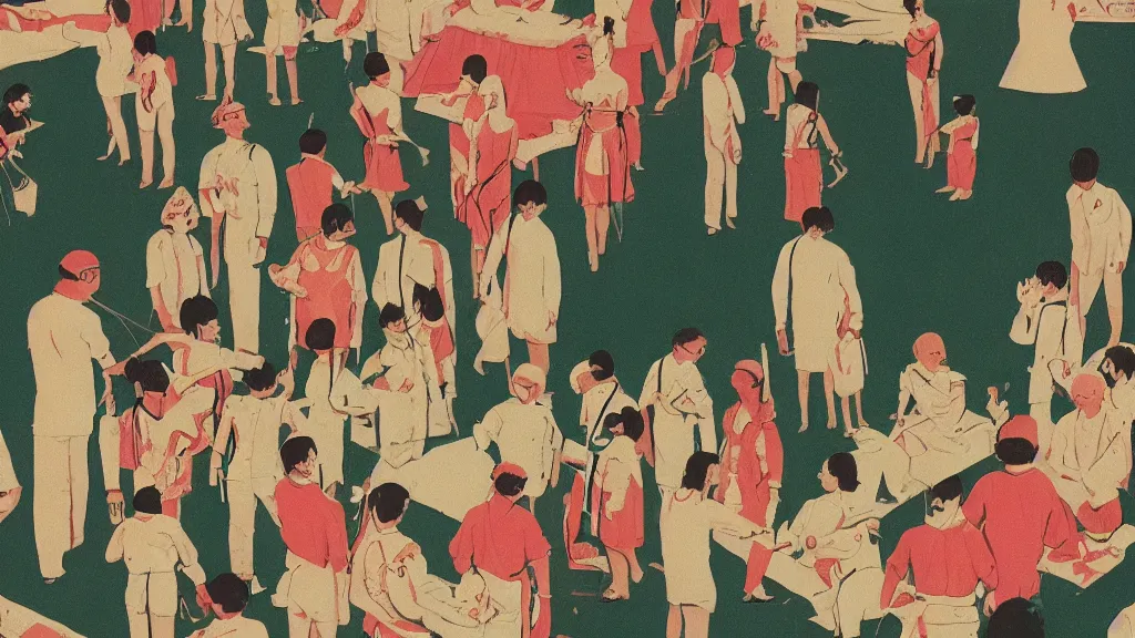 Prompt: A vintage scientific illustration from the 1970s of cult sacrifice at the mid summer festival by Wes Anderson