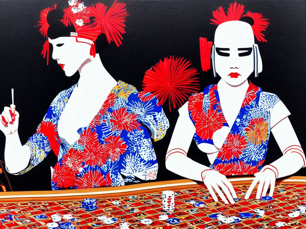 Image similar to hyperrealism composition of the detailed single woman in a japanese kimono sitting at an extremely detailed poker table with stormtrooper, fireworks, river on the background, pop - art style, jacky tsai style, andy warhol style, acrylic on canvas