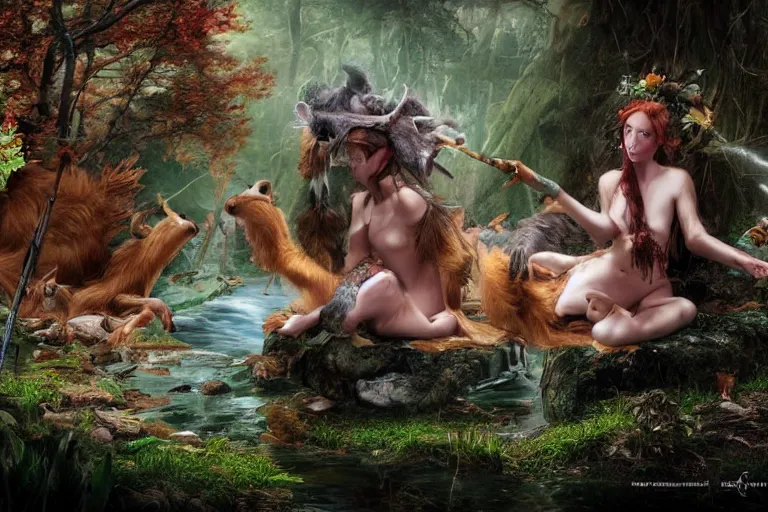 Prompt: fauns, witches and talking beavers. photo - realistic hd, hyperrealism, colourful, highly detailed, cinematic, luminescence, 3 2 k, dop, high contrast, intricate, mystery, epic, fantasy