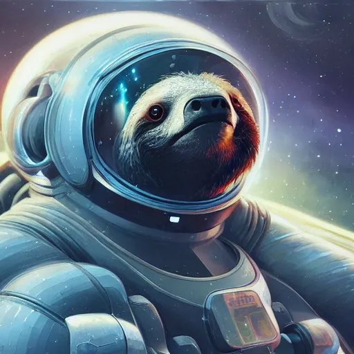 Image similar to detailed science - fiction character portrait of a sloth in space robot suit, intricate, wild, highly detailed, digital painting, artstation, concept art, smooth, sharp focus, illustration, art by artgerm and greg rutkowski and alphonse mucha