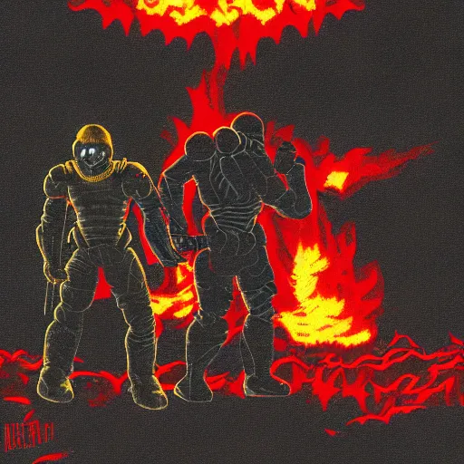 Image similar to doom guy fighting george w bush in hell, digital art