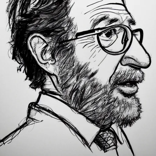 Prompt: a realistic yet scraggly portrait sketch of the side profile of a stern and sophisticated stephen spielberg, trending on artstation, intricate details, in the style of frank auerbach, in the style of sergio aragones, in the style of martin ansin, in the style of david aja, in the style of mattias adolfsson