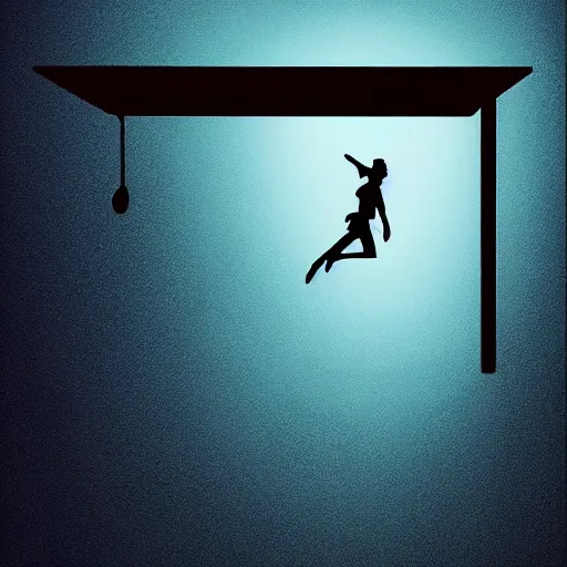 Prompt: Digital art of a silhouette of a person flying above their bed, the ceiling is a beautiful dream world, bedroom, trending, award winning