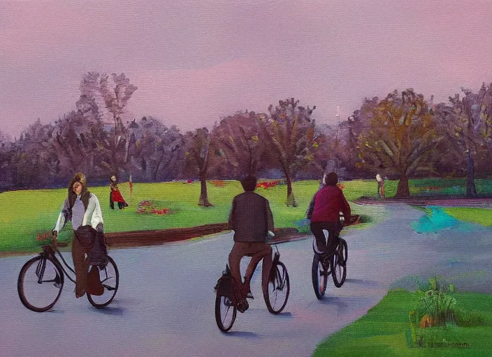 Image similar to a couple on bicycles in the park painting