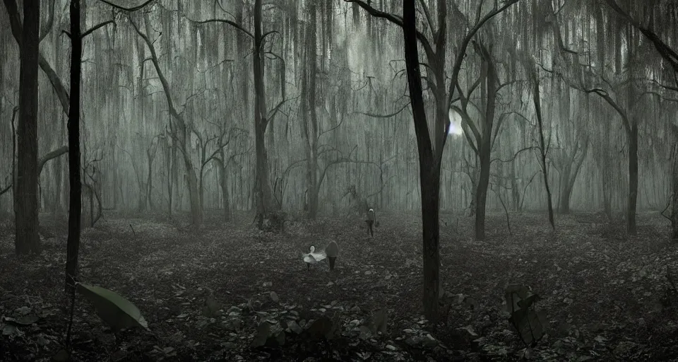 Image similar to A dense and dark enchanted forest with a swamp, by gregory crewdson