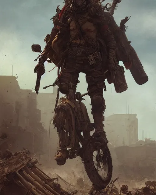 Prompt: hyper realistic photo of postapocalyptic nomad rider, full body, cinematic, artstation, cgsociety, greg rutkowski, james gurney, mignola, brom,