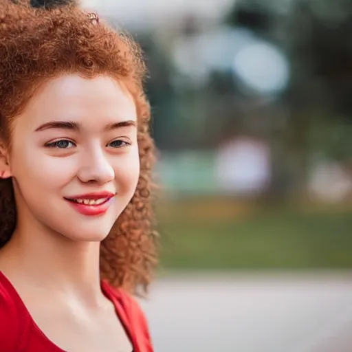 Image similar to red teenager with curly blonde hair red t shirt airpods attractive, high - quality photo realistic highly detailed high - quality 8 k