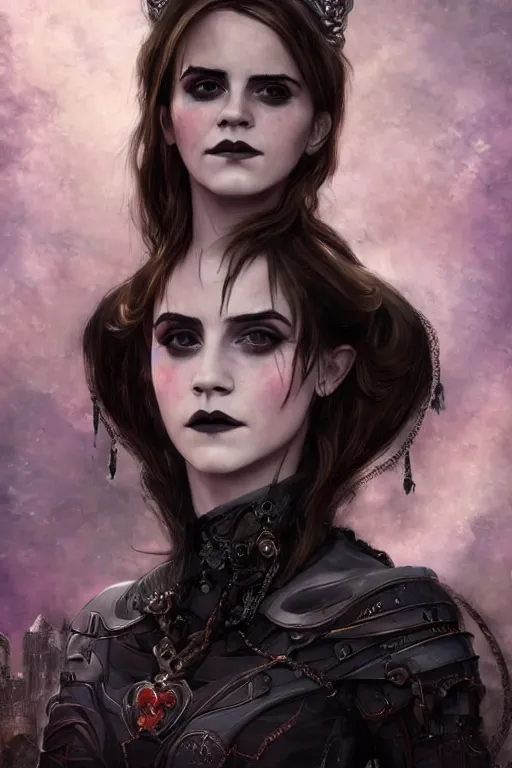 Image similar to portrait of beautiful gothic Emma Watson, cyberpunk, Warhammer, highly detailed, artstation, illustration, art by Gustav Klimt