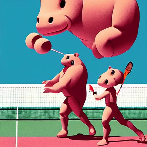 Image similar to illustration of hippo action figures playing badminton by ilya kuvshinov katsuhiro otomo