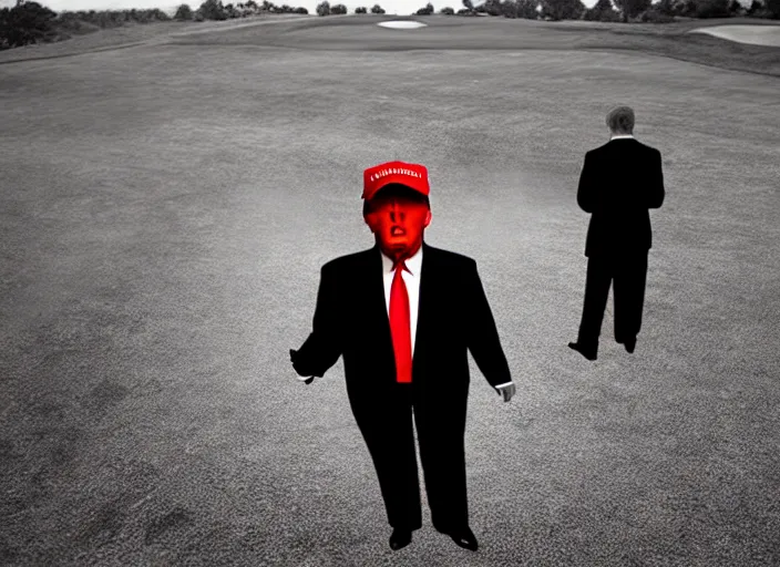 Prompt: front view of a single Donald Trump with hands behind back taken away by two young FBI agents wearing uniforms at golf course, photo by Alex Webb, photo by James Nachtwey