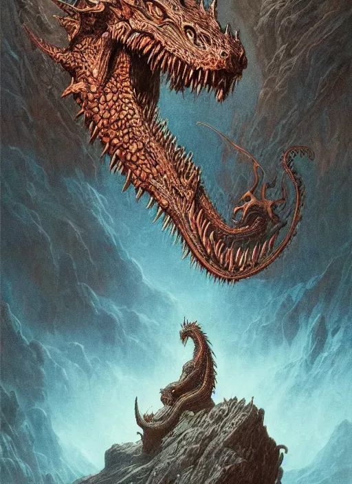 Prompt: a photographic portrait of a dragon by gustave dore and raphael lacoste and dan mumford, trending on artstation, a leopard!! - like sea beast, a two - horned earth beast, natural earth tone colors, cerulean blue, cyan, red, octanerender, vray