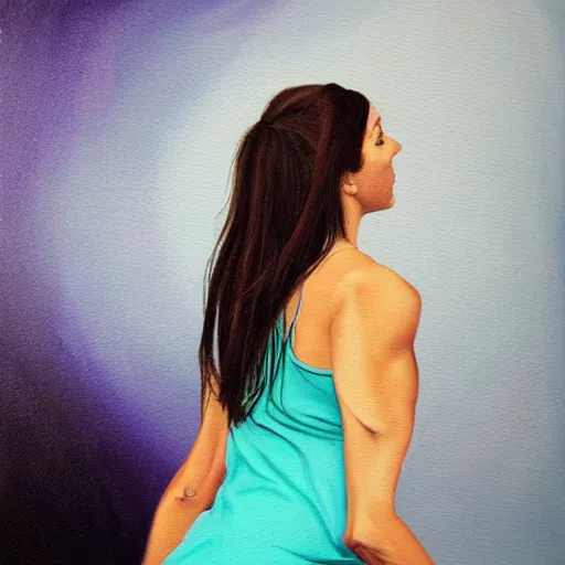 Image similar to A hyper realistic painting of a woman lifting her skirt while bending over