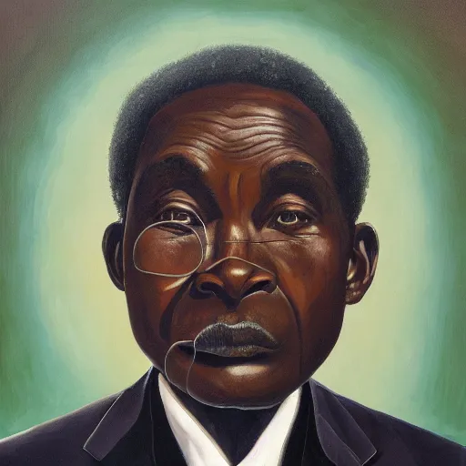 Image similar to a painting of a round face, XXL, Loving, caring, generous, ever-present, humble, wise elder from Kenya in a suit by Kehinde Wiley . Fatherly/daddy, focused, loving, leader, relaxed,. ethereal lights, details, smooth, sharp focus, illustration, realistic, cinematic, artstation, award winning, rgb , unreal engine, octane render, cinematic light, macro, depth of field, blur, red light and clouds from the back, highly detailed epic cinematic concept art CG render made in Maya, Blender and Photoshop, octane render, excellent composition, dynamic dramatic cinematic lighting, aesthetic, very inspirational, arthouse.