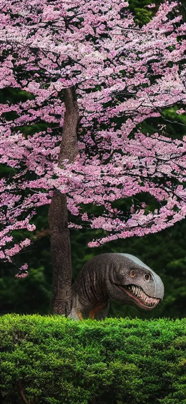 Image similar to “ a portrait photo of tyrannosaurus at a sakura tree, side shot, by shunji dodo, 8 k resolution, high quality ”