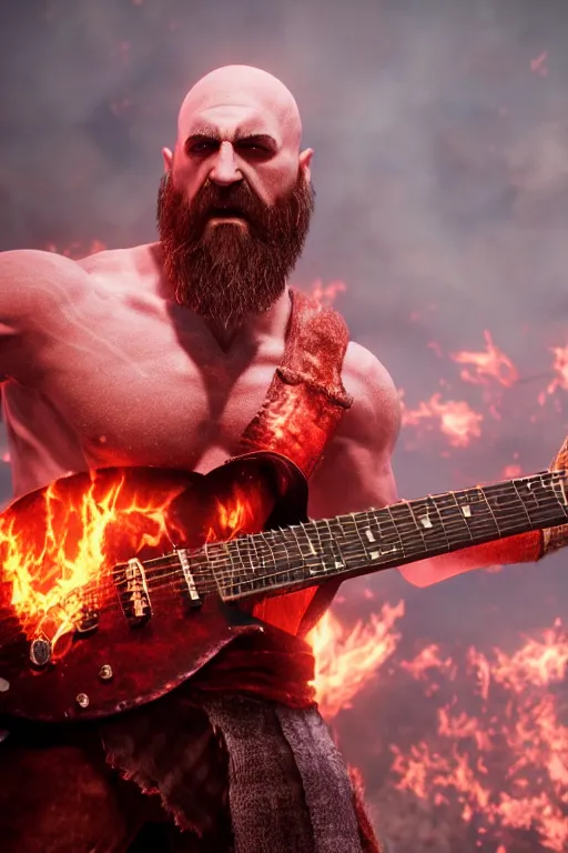 Prompt: kratos rocking out on a flaming stratocaster guitar, cinematic render, god of war 2 0 1 8, playstation studios official media, lightning, flames, red stripe, red left eye stripe, clear, coherent