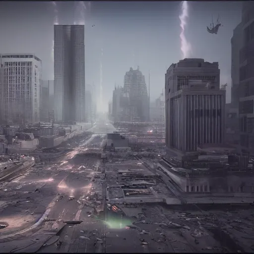 Prompt: octane render, city nuclear fall - out, matte painting, future city