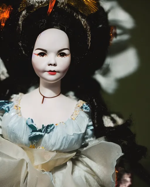 Image similar to high quality presentation photo of bjork as a porcelain doll, photography 4k, f1.8 anamorphic, bokeh, 4k, Canon, Nikon