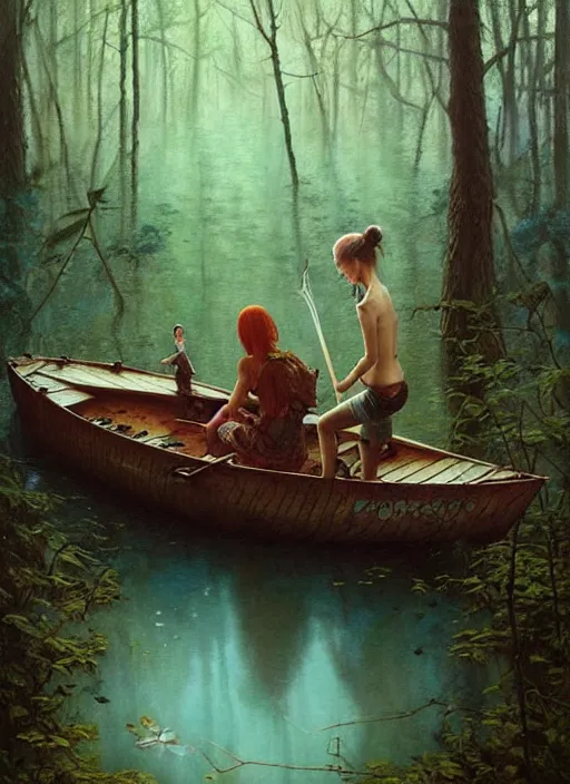 Image similar to boat in the woods by a river gorgeous lighting, lush forest foliage blue sky a hyper realistic painting by chiara bautista and beksinski and norman rockwell and greg rutkowski, tom bagshaw weta studio, and lucasfilm