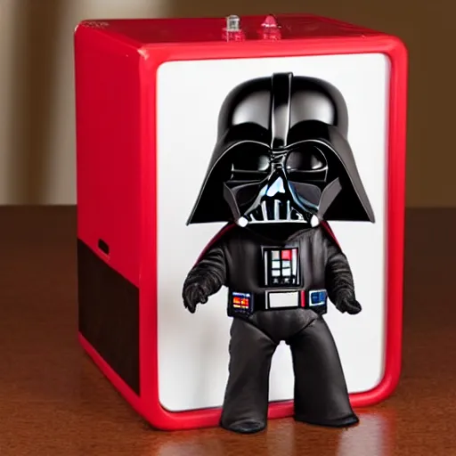 Image similar to a battery operated coin bank built from a FUNKO Darth Vader with his mouth open for a child to insert a penny, 3D, render