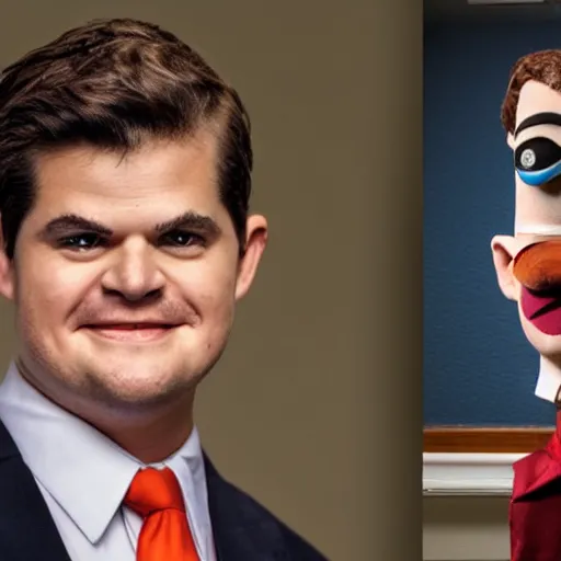 Image similar to photo still of matt gaetz as a creepy ventriloquist puppet from old horror movie, octane render, 8 k,