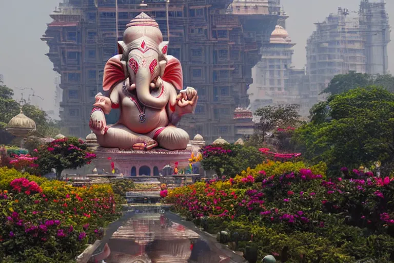 Image similar to beautiful futuristic new delhi, sharp sci - fi ganesha!! building, kalighat flowers, highly detailed cinematic, stephen shore & john j. park, soft morning light, wide shot, ground angle, uhd 8 k, shallow depth of field