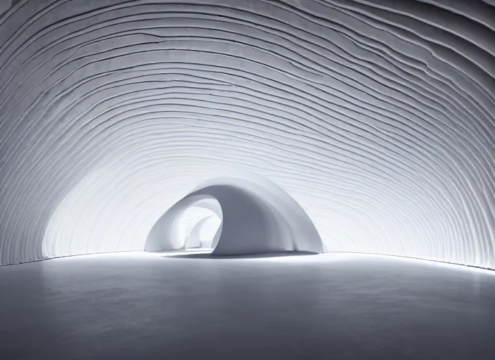 Image similar to a circular portal structure in the centre of an abandoned zen white cave full of geodes, beautiful curves, golden ratio, epic lighting, unusual composition, 4 k, zaha hadid, irakli nadar