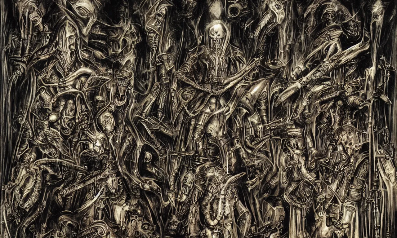 Image similar to judas priest, saints in hell, by giger,