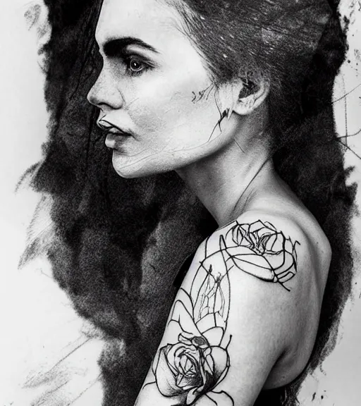 Image similar to tattoo design sketch of a beautiful woman face with a faded background of beautiful mountain nature on her side, hyper - realistic, double exposure effect, in the style of den yakovlev, amazing detail, black and white, faded