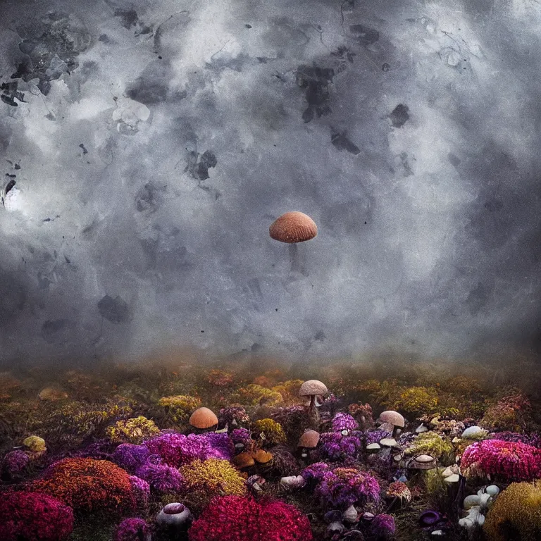 Image similar to a planet of various fungus, mushrooms, flowers and plants, inside the picture is infinity, Atmospheric, artistic photography, conceptual, long exposure outside the city, volumetric light